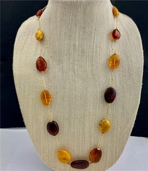 Vintage Baltic Amber Varied Color Gold Tone Chain Station Bead Necklace 29″ Long