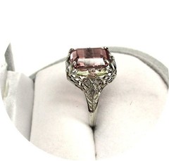 Gorgeous Rosy-Pink TOURMALINE Ring – Art Deco Filigree – 14k Solid White Gold
