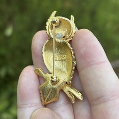 Vintage BSK Owl Brooch Gold Tone Red Rhinestone Eyes Mid Century Bird Pin