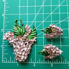 Vintage Lilac Floral Purple and Green Enamel Brooch and Clip Earrings Set
