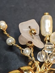 Vintage Floral Spray Brooch Gold tone Faux Pearls Pink Stone Chips Delicate Pin