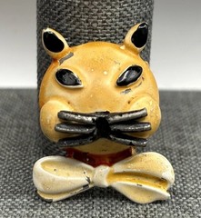 Vintage Unique Cat Face Brooch Pin Painted Enamel Bow Tie Yellow Whimsical