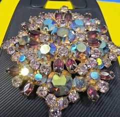 Vintage Juliana Delizza Elster Amethyst Pink Blue Broach Rhinestone Gold Tone