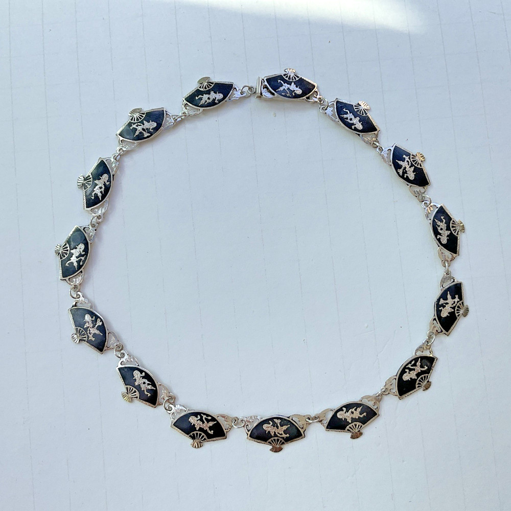 Vintage SIAM Sterling Silver Black Enamel Niello Dancer on Hand Fans Necklace