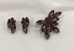 Vintage Purple Marquise and Round Rhinestone Brooch Pin and Earings Set