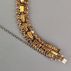 Vintage Rhinestone Bracelet Orange Glass Tennis Safety Chain Gold Tone 6.5″