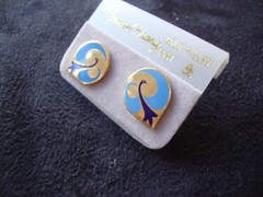 VINTAGE SAMUEL HUANG DESIGNER CLOISONNE PHOENIX COBALT & BLUE ENAMEL EARRINGS