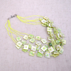 Vintage Multi Strand Mother of Pearl Shell Necklace Green Beaded Chunky