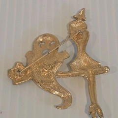 Vintage AJC Croquette Brooch Gold Tone Enamel Halloween Witch Broomstick Ghost
