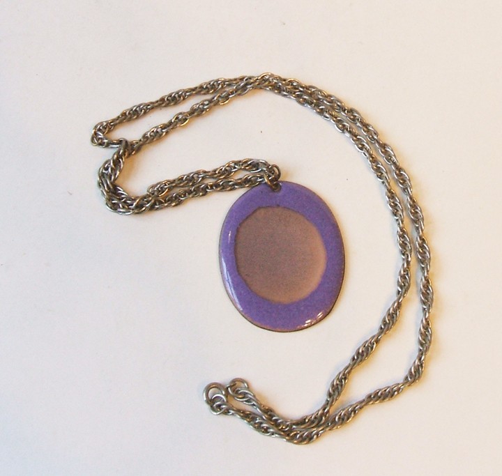Enamel on Copper Pendant on 24 Inch Silver Tone Chain Necklace