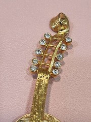 Vintage Tona Brooch Cello Violin Brushed Gold Tone with Rhinestones 3.5inch tall