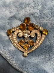 VINTAGE Signed JOSEPH WEISNER NY AMBER & CLEAR Rhinestones BROOCH/PENDANT PIN