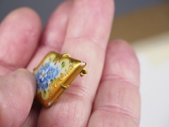 Antique hand painted porcelain brooch jewelry pin lot blue flower C clasp 2 1/4″