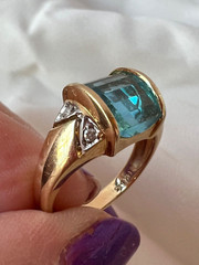 VINTAGE 14K YELLOW GOLD CHECKERBOARD PRISM CUT BLUE TOPAZ DIAMONDS RING DESIGNER