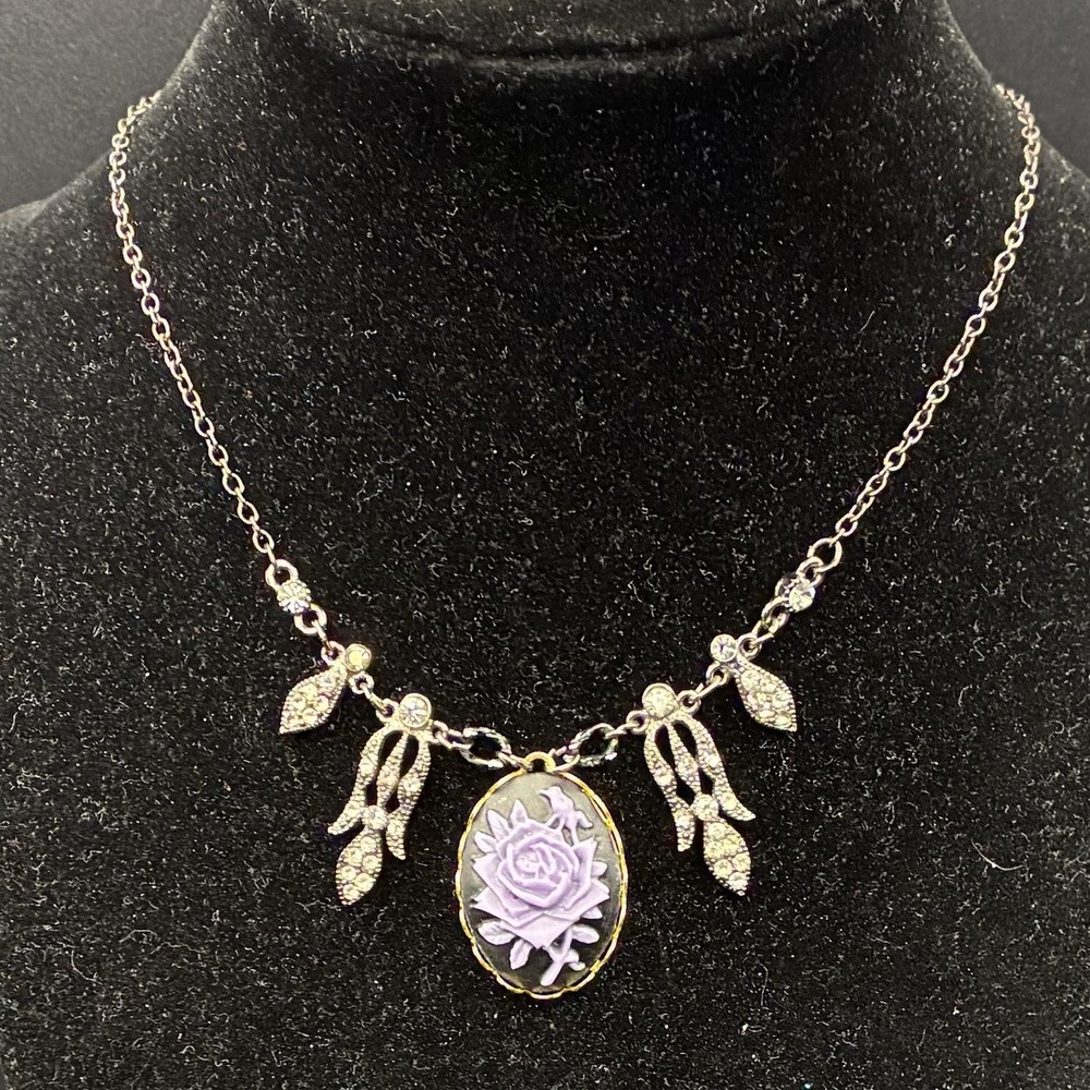 Vintage Charm Pendant Necklace on Sexy Black Chain w Purple Rose & Rhinestones