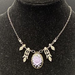 Vintage Charm Pendant Necklace on Sexy Black Chain w Purple Rose & Rhinestones