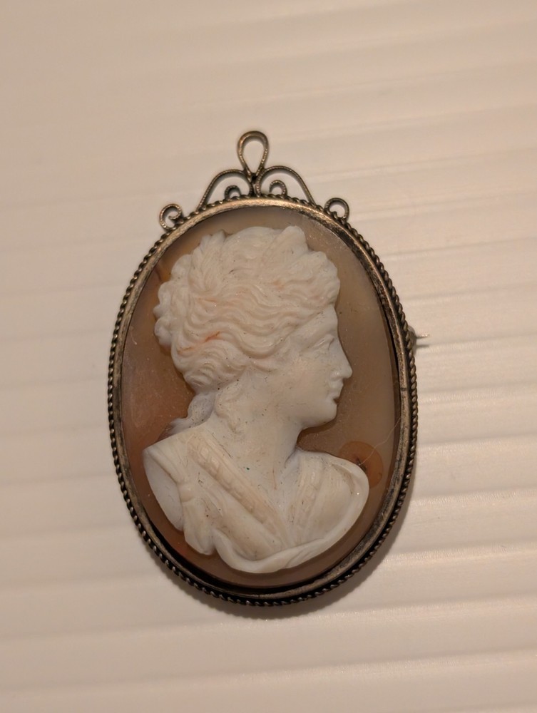 Antique Victorian-Era Female Profile Shell Cameo Brooch