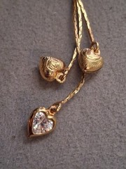 Puffy hearts & crystal bezel-set heart tassel earrings, multi chain, cascading