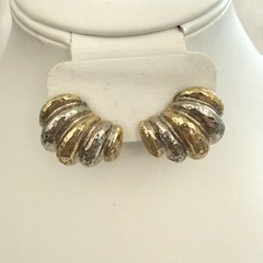 Vintage Tri Tone Ribbed Earrings Gold Silver Statement Textured Retro