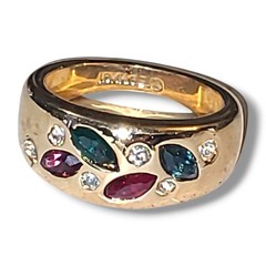 Vintage 18K HGE Multi Color Rhinestone Cocktail Ring Wide Band Statement Sz 5