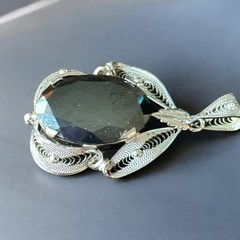 Vintage Sterling Sorrento Silver Hematite Stone Filigree Drop Pendant 2″ L ong