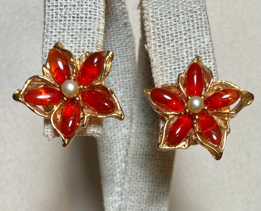 AUTHENTIC SWOBODA FLOWER EARRINGS ~ CARNELIAN, PEARL ~ PIERCED~STUNNING!