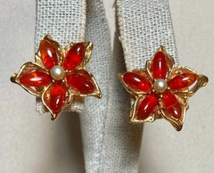 AUTHENTIC SWOBODA FLOWER EARRINGS ~ CARNELIAN, PEARL ~ PIERCED~STUNNING!