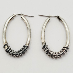 Oval Hoop with Rope Wire Twist Bottom Silver Tone Italy Vintage Earrings