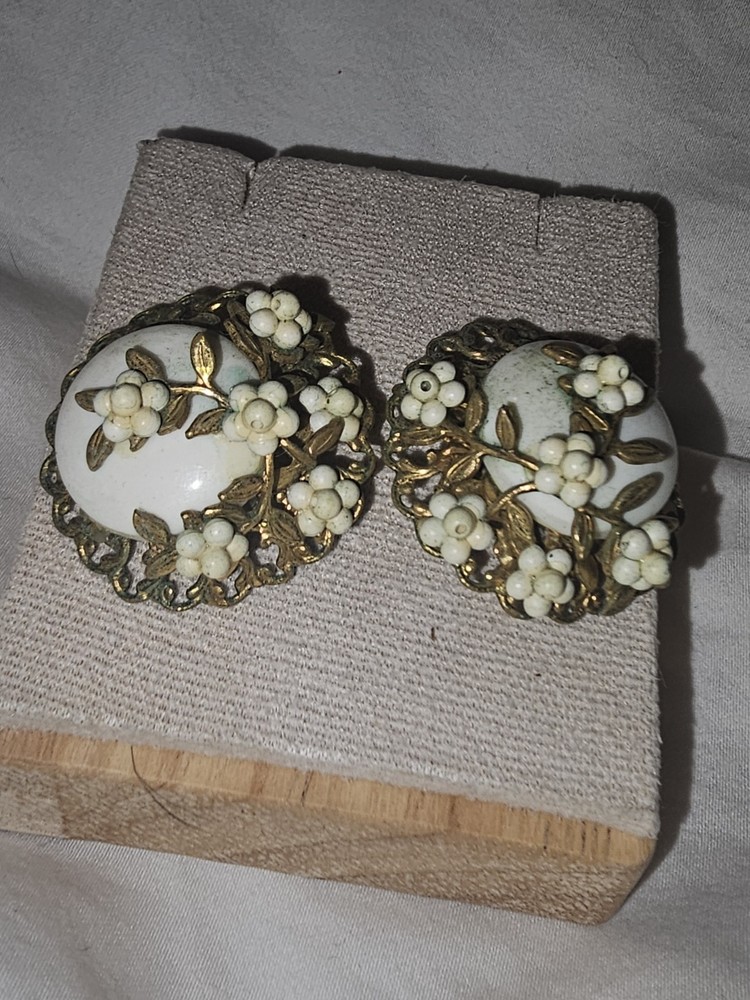 Vintage Filigree Floral Clip-On Earrings White Cabochon Brass Tone Haskell Style
