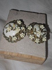 Vintage Filigree Floral Clip-On Earrings White Cabochon Brass Tone Haskell Style