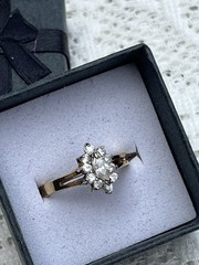 VINTAGE Marquise Cluster Ring Gold Art Glass Halo Engagement Ring – SIZE 5.25