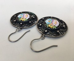 Vintage Painted Enameled Earring Soviet Cupronickel Finift Hand Wrought Filigree