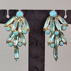 Vintage Rhinestone Brooch Clip Earrings Set Blue Waterfall Articulated Designer