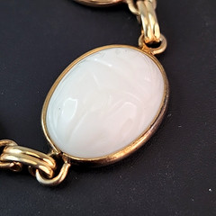 Vintage Scarab Bracelet White Milk Glass Egyptian Revival Oval Gold Tone 6.5″