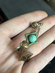1920s Art Deco Dangle Earring Green Enamel And Stone Brass Clover Screw Back
