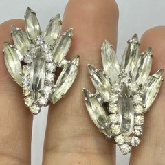 Vtg Clear Navette Rhinestone Silvertone Statement Earrings Clip-on Earrings