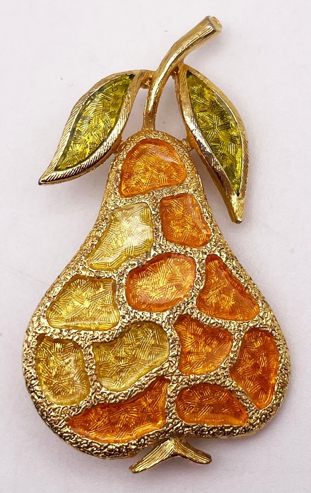 VTG Linda Gal Pear Fruit Brooch Pin Marked Orange Yellow Gold Tone 2″