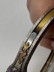 Antiqued Silver Plate Amethyst Glass Etched Gold Designed Bracelet Art Deco