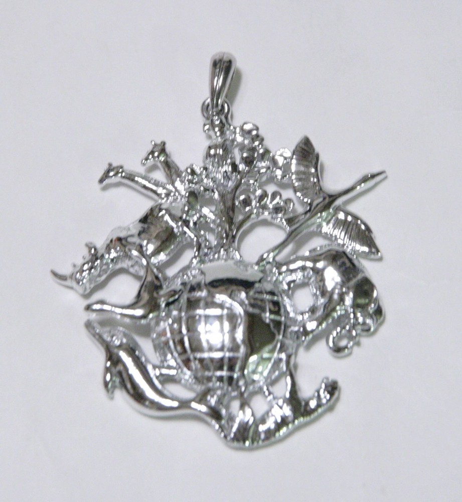 2″ RARE AJC Globe with Animals Conservation Jewelry Silver Tone Rhino Tiger
