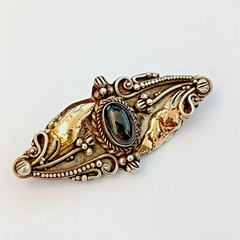 Vintage Silver 22K Gold Brooch Black Stone Floral Romantic Art Nouveau Revival