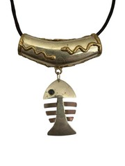 Vintage Fish Skeleton Pendant Slide Necklace Mixed Metal Mid Century On Silk
