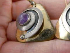 Vintage Artisan Made Mixed Metals Sterling Silver Amethyst Hook Earrings 13.9g
