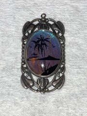 Antique Sterling Silver Morpho Butterfly Wing Pendant Palm Trees Tropical Scene