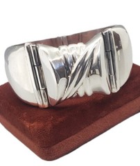 Rare Vintage Art Deco Sterling Silver Heavy Hinged Bangle Bracelet 74+ grams