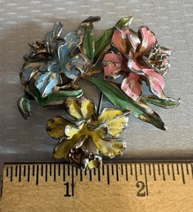 Vintage Pot Metal Enamel Orchid Flower Bouquet Brooch Pink Yellow Blue Green