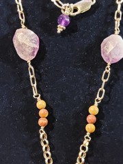Vtg Sterling Silver Designer Long Pendant Necklace Natural Jasper & Amethyst…