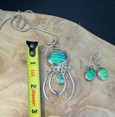 VTG Sterling Silver CHOEN MEXICO Blue Fire Opal Inlay Necklace Pendant Earrings