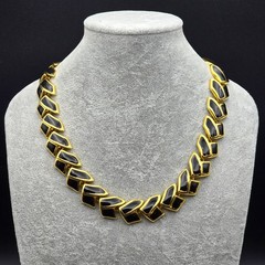 Vintage Gold Tone and Black Enamel Chevron Link Collar Necklace 17″ Long