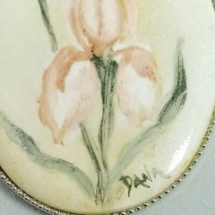 Vintage Pink and Green Painted Flower Pendant, Oval Silver Tone Setting, Signed