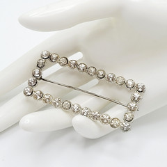 Rhinestone Open Metal Rectangle Frame Early 20th Century Silver Tone Brooch Pin